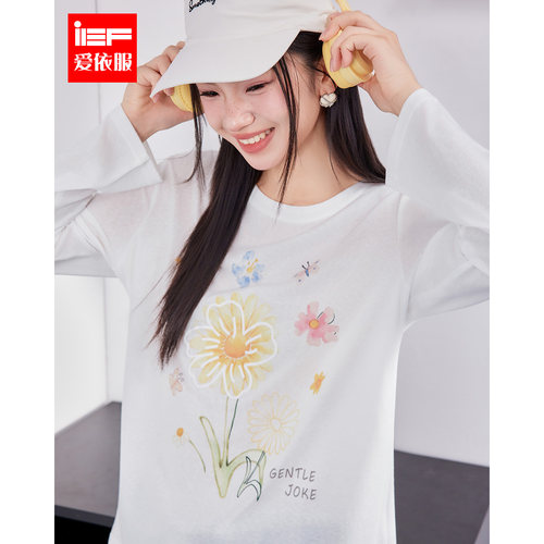 IEF/爱依服2026夏季新款长袖T恤女花朵印花圆领简约日常休闲百搭