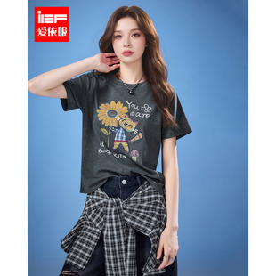时尚 IEF 韩版 新款 别致设计感印花通勤百搭正肩T恤 爱依服2025秋季