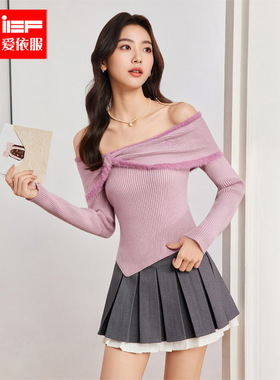 IEF/爱依服2025秋季新款一字肩气质千金温柔风刺绣蝴蝶结毛织上衣