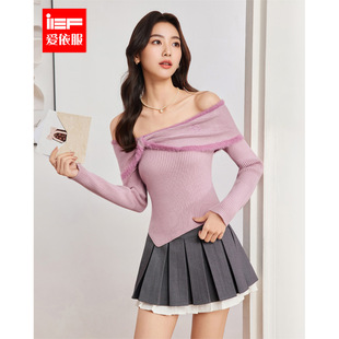 一字肩气质千金温柔风刺绣蝴蝶结毛织上衣 新款 IEF 爱依服2025秋季