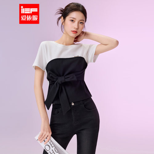 IEF/爱依服2026夏季新款通勤法式时尚小众拼色设计蝴蝶结百搭T恤
