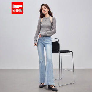 爱依服2026春季 显瘦牛仔喇叭裤 新款 气质感烫钻设计修身 法式 IEF