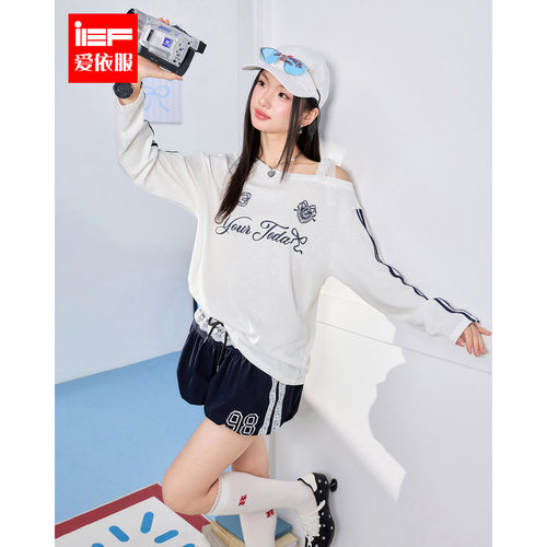 IEF/爱依服2026夏季新款美式辣妹风斜肩字母印花长袖T恤显瘦百搭