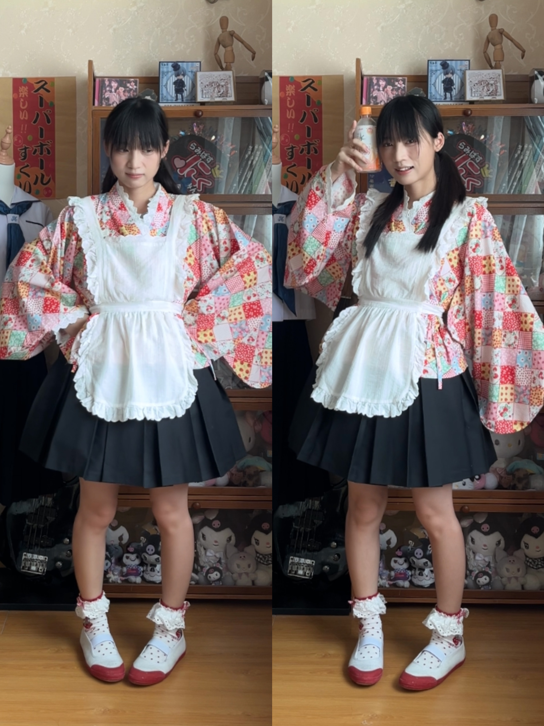 鹿屿亚萌昭和和风印花小女仆和风感浴衣开襟可爱少女心古着感套装