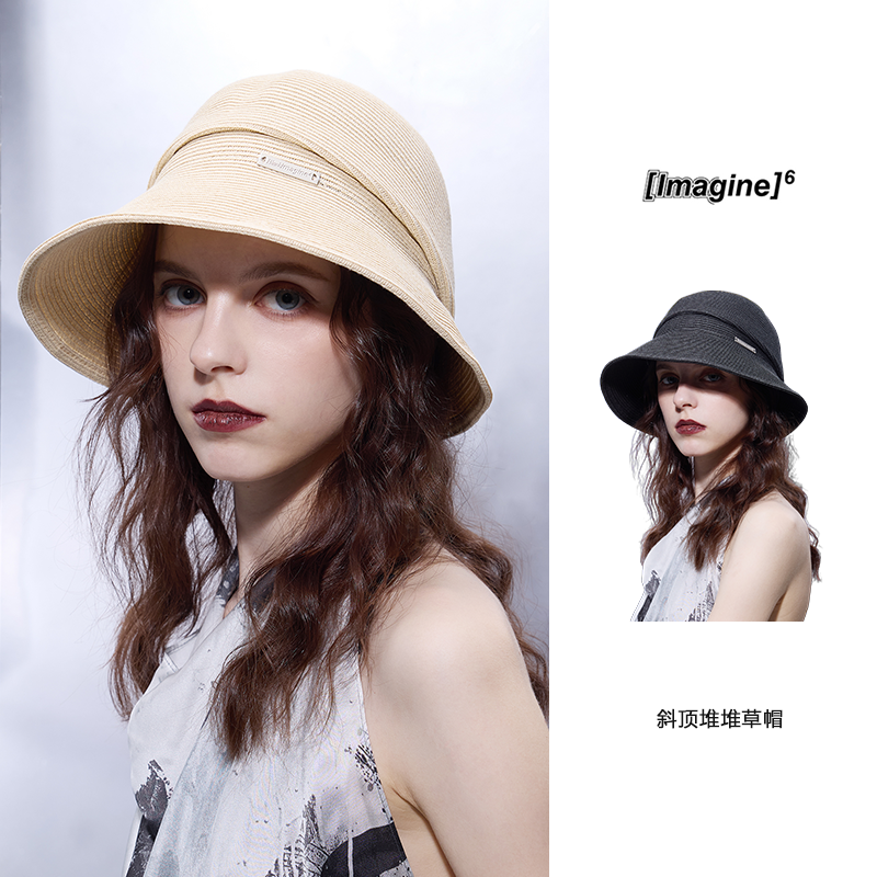 black imagine6 豆豆本豆同款斜顶造型堆堆草帽遮阳防晒帽女百搭