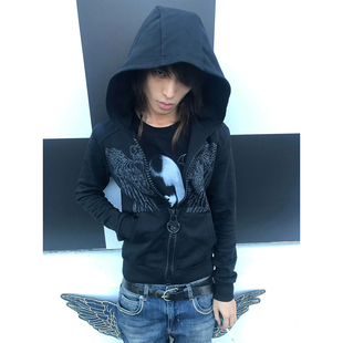 视觉系巨齿大拉链暗纹皇冠翅膀闪粉印花正肩合身卫衣连帽外套男女