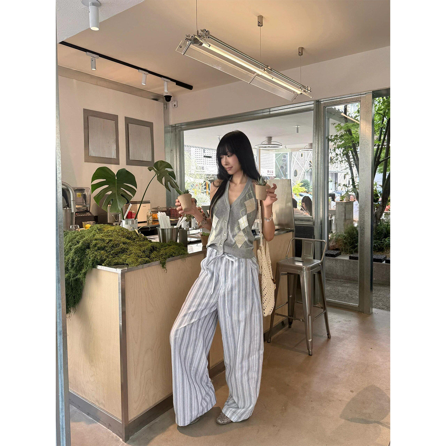 美式复古老钱风条纹休闲裤女夏季直筒宽松阔腿垂感拖地遛弯长裤子