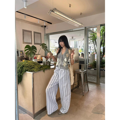 美式复古老钱风条纹休闲裤女夏季直筒宽松阔腿垂感拖地遛弯长裤子