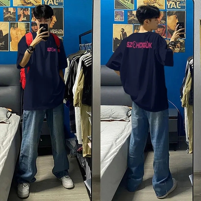 美式高街字母印花短袖t恤男生设计感小众夏季宽松纯棉百搭上衣服