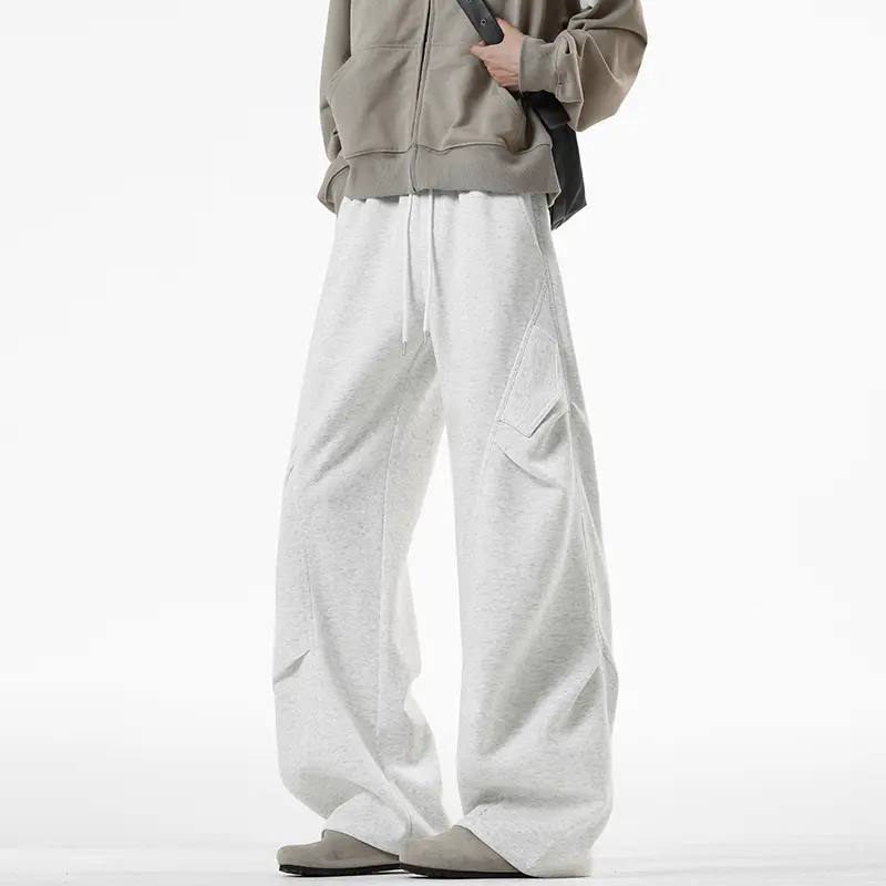 春秋美式重磅灰色褶皱卫裤男女潮牌设计感宽松伞兵裤直筒休闲裤子