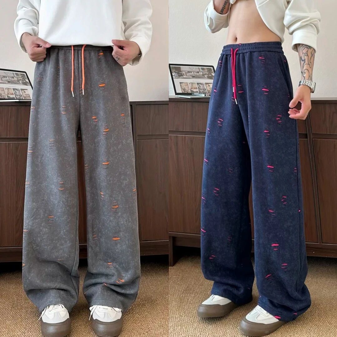 水洗撞色卫裤男款2026新款夏季美式复古垂感裤子直筒裤运动休闲裤