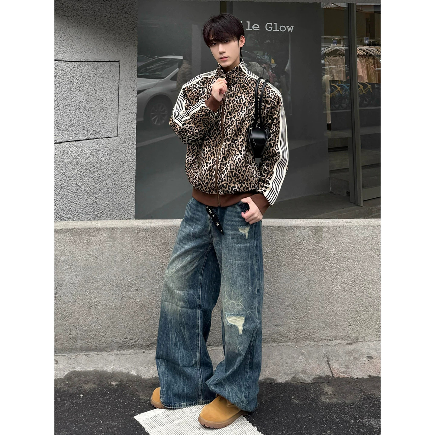 cleanfit豹纹外套男女款秋季美式街头立领夹克高级感短款开衫卫衣