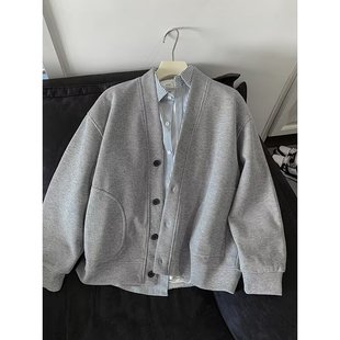 春秋华夫格开衫卫衣男款秋冬日系慵懒风高级感针织衫休闲v领外套