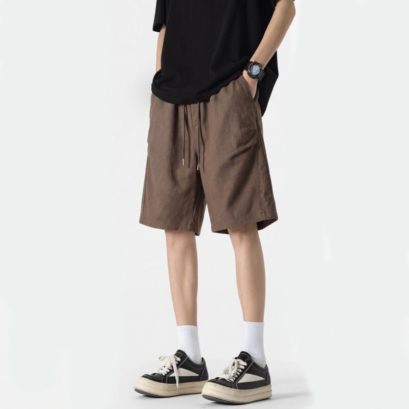 棕色美式复古短裤男夏季2026新款宽松褶皱直筒休闲裤运动五分裤