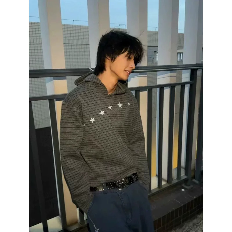 美式复古黑灰条纹连帽羊毛卫衣男女松弛感星星刺绣重磅套头上衣潮