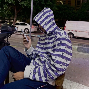 美式复古船锚星星满印条纹连帽卫衣男女短宽版型boxy拉链开衫外套