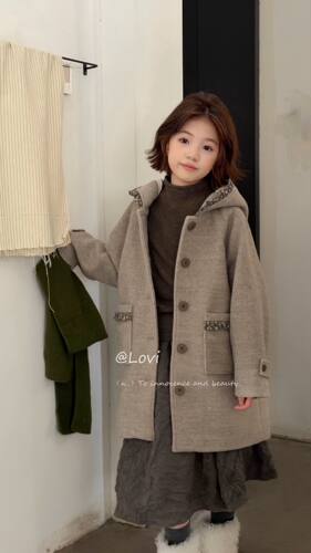 韩国童装品牌Lovi26冬新女童洋气连帽双面呢大衣百搭拼碎花外套潮