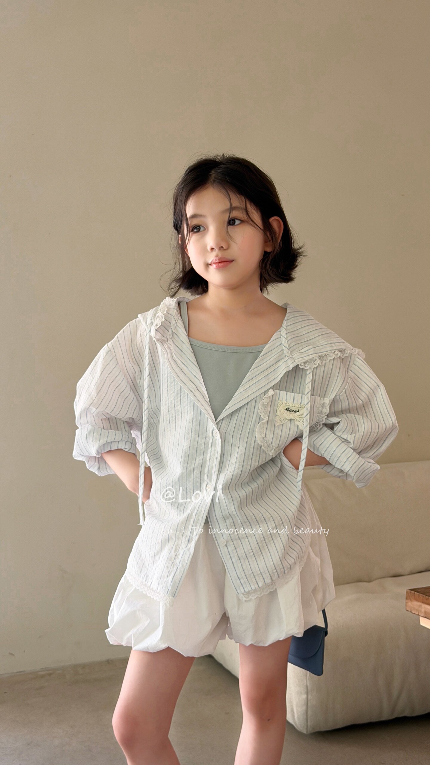 韩国品牌童装Lovi26夏款新女童洋气百搭条纹衬衫连帽花边防嗮开衫