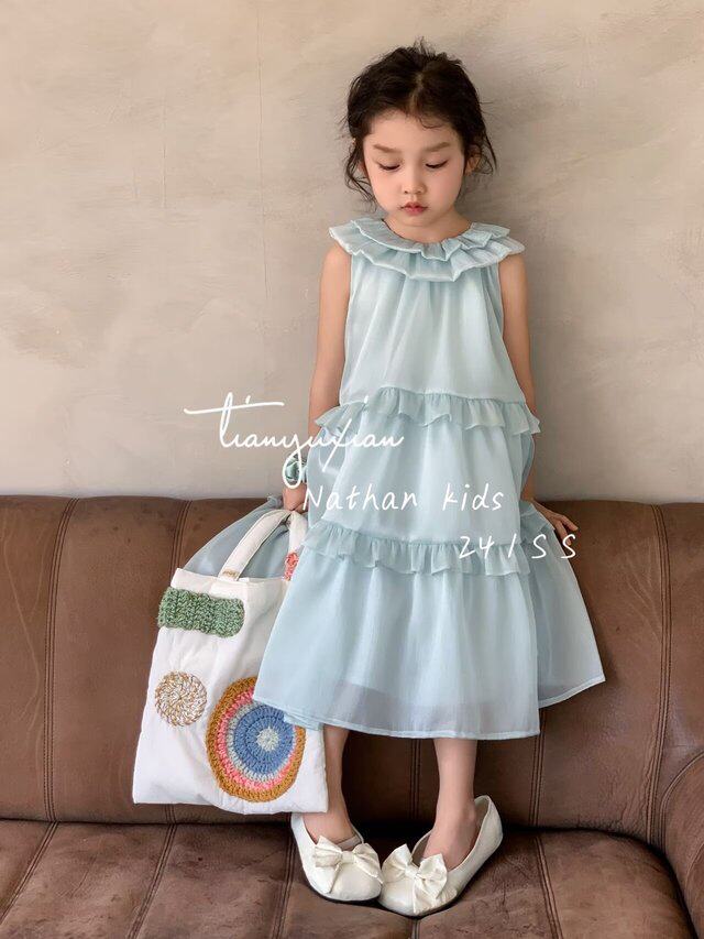 韩国品牌TYX童装女童度假连衣裙2024夏儿童无袖花边领珠光流沙裙