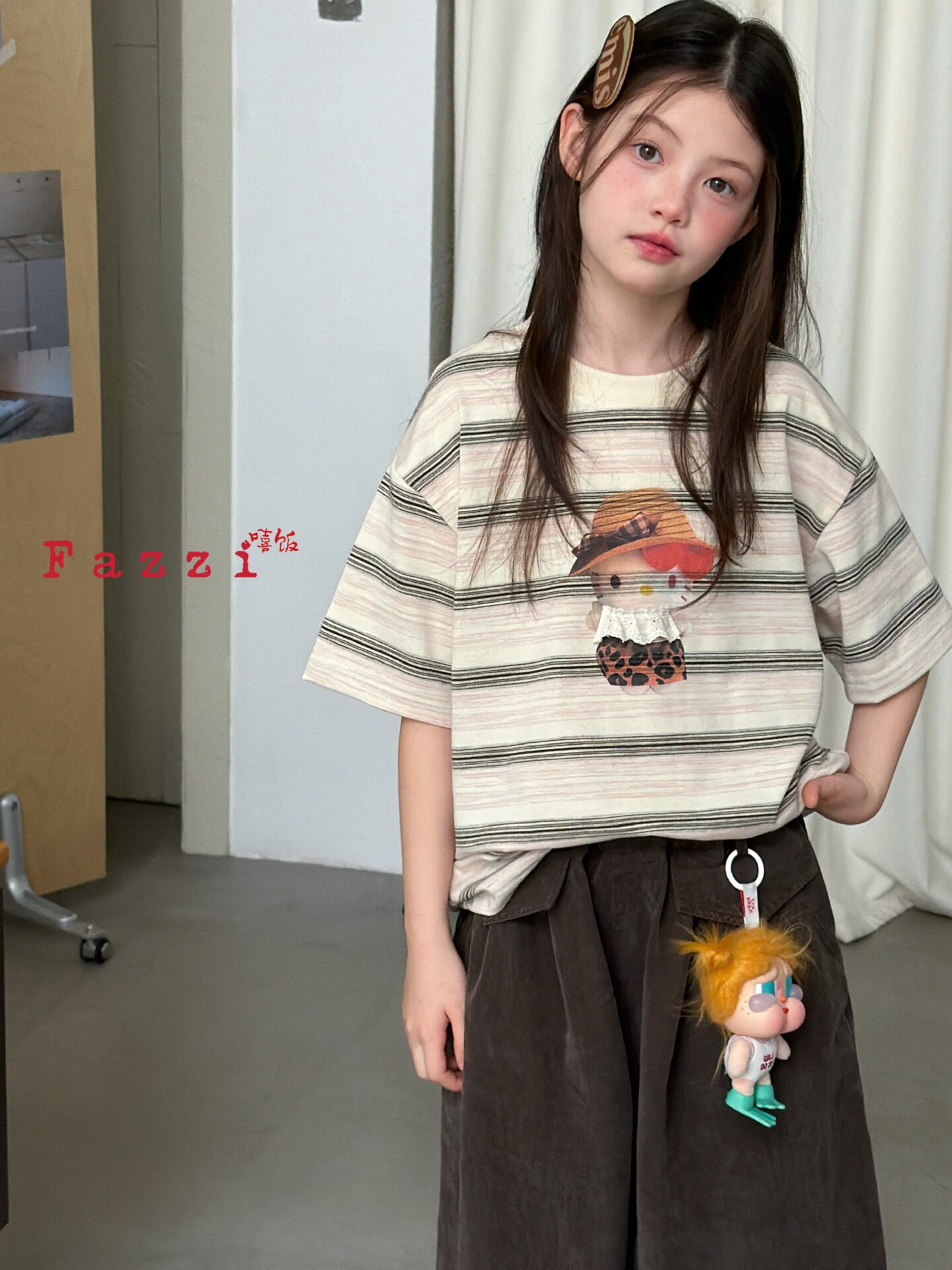 韩国品牌童装法吱26夏款新女童洋气百搭条纹短袖T恤休闲短裤套装