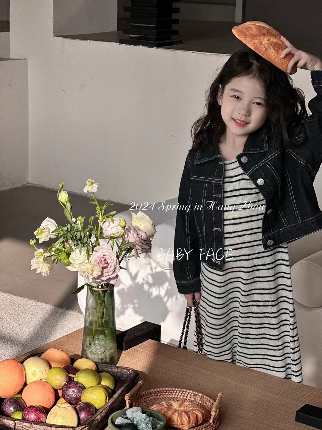 韩国品牌童装2024春秋款新女童牛仔外套洋气针织条纹背心裙两件套