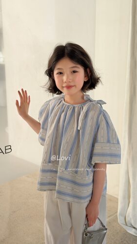 韩国品牌童装Lovi26夏新女童洋气百搭条纹蝴蝶结娃娃衫上衣花苞裤
