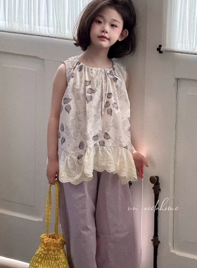 韩国品牌童装un25夏款新女童碎花飞袖花苞拼接花边紫色气质套装潮