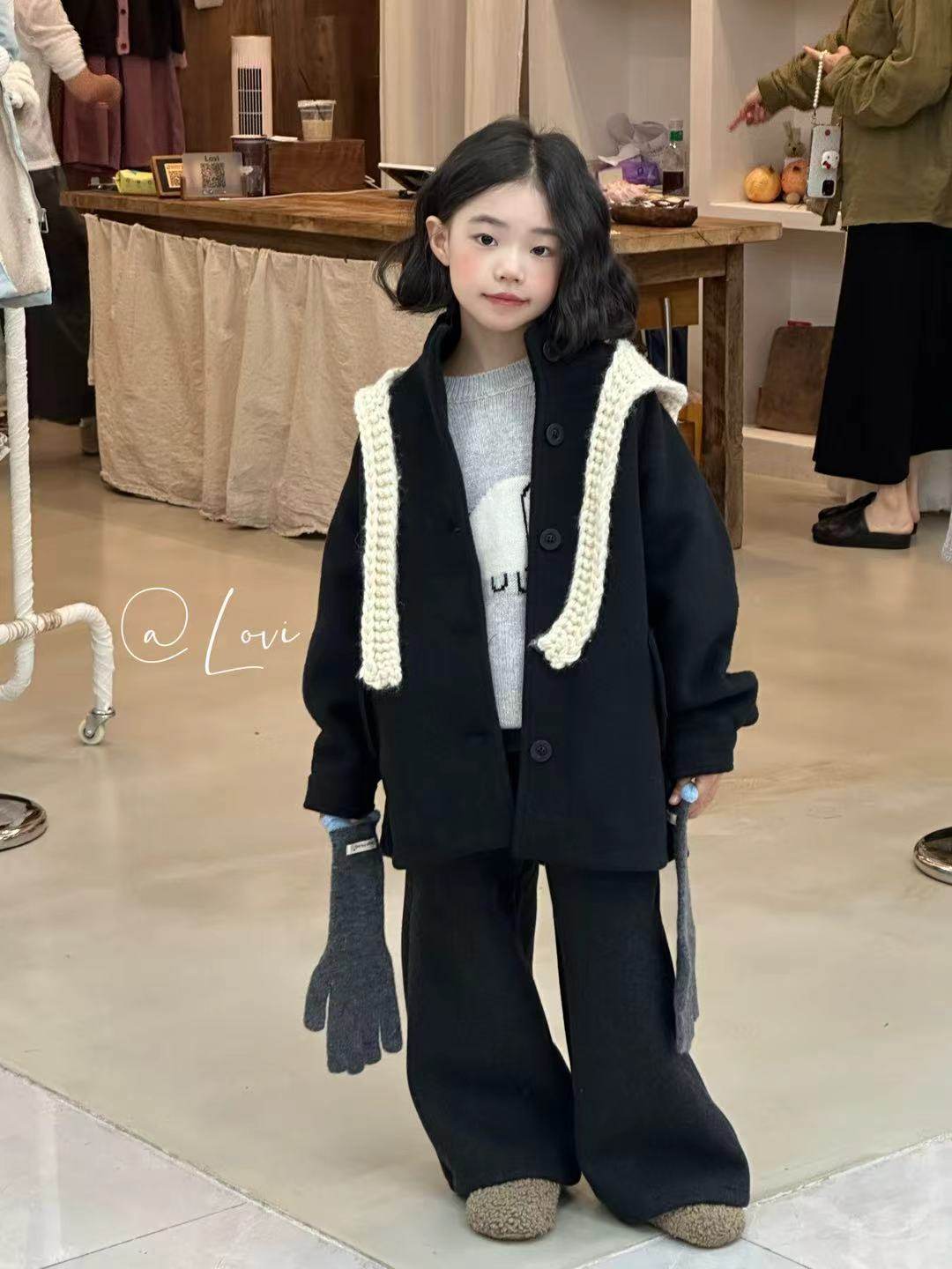 韩国品牌童装Lovi毛呢大衣2025冬款新女童针织帽披肩开扣呢子外套