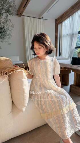 韩国品牌童装Lovi26夏新女童洋气百搭泡泡袖碎花连衣裙拼接蕾丝裙
