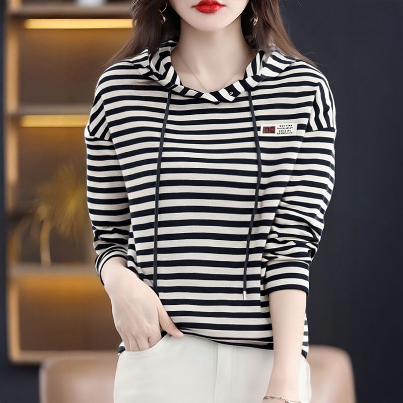 宽松条纹连帽长袖卫衣女装春秋季新款个性百搭时尚条纹T恤打底衫