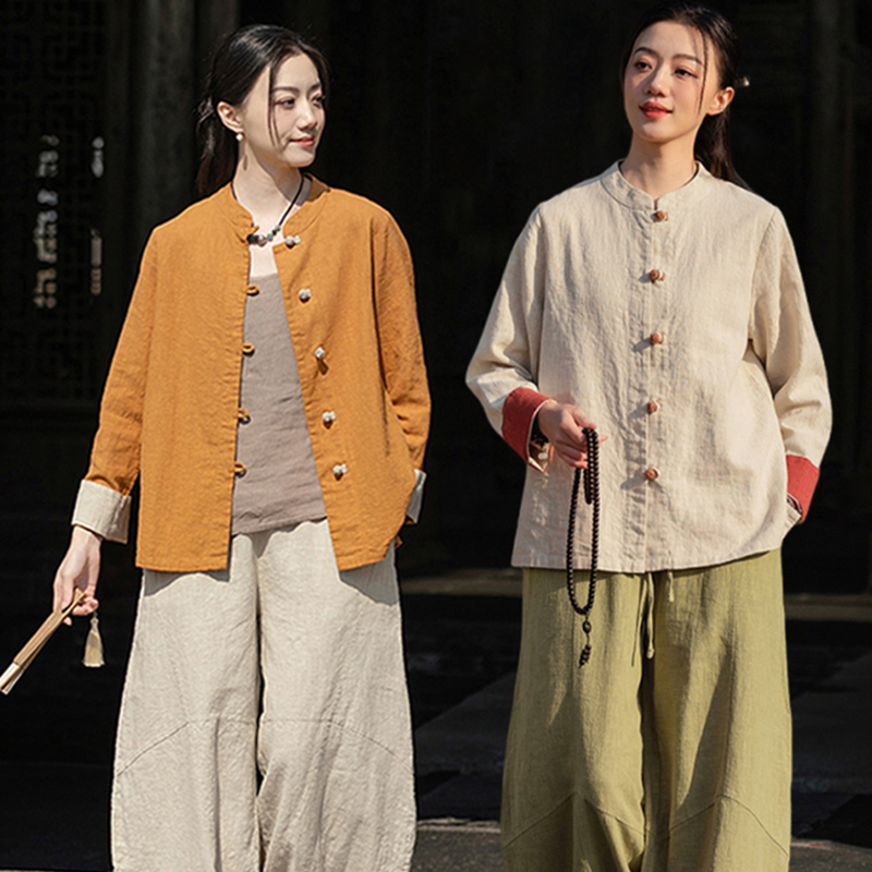 2025秋季新中式文艺盘扣立领宽松大码棉麻开衫袖口撞色长袖衬衫女