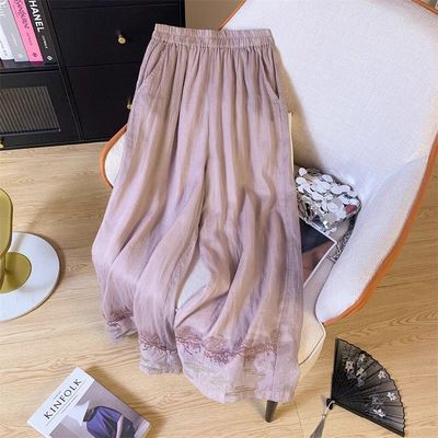 棉麻裤脚刺绣女阔腿裤垂感休闲裤