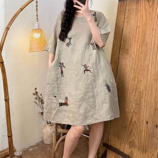 宽松慵懒风文艺休闲连衣裙短袖 中长款 棉麻刺绣裙子女 新款 2026夏季