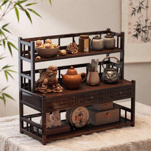 中式实木桌面茶具收纳博古架