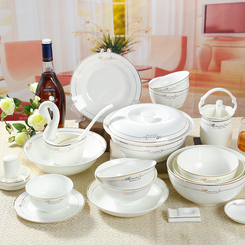 陶瓷家用餐具盘子套装大汤碗米饭碗面碗骨瓷简约金边深盘饭盘菜盘,餐饮具,碟,淘宝优惠券,粉丝福利购,淘宝优惠卷