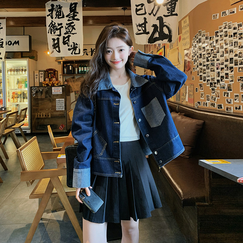 港风复古拼接牛仔外套女2025年秋季新款设计感显瘦小个子短款上衣图片