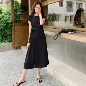 杏色韩版简约休闲松弛感连衣裙女2025夏季新款设计款收腰T恤长裙图片