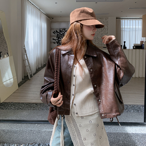 高级小众复古美拉德咖色皮衣短外套女春秋超火好看机车服夹克上衣图片