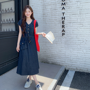 深蓝色复古设计感薄款牛仔长裙女2025夏季新款气质港风收腰连衣裙图片