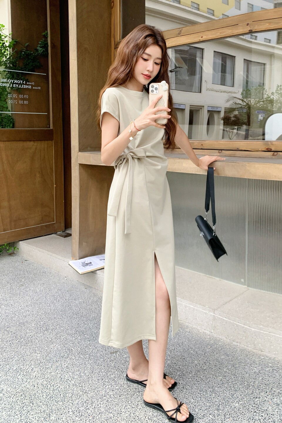 杏色韩版简约休闲松弛感连衣裙女2025夏季新款设计款收腰T恤长裙,女装连衣裙,2C295
