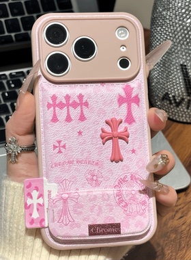 少女粉十字架支架适用苹果17/16promax手机壳vivooppo小米17潮可爱保护套华为p80promax荣耀500仿皮卡通气垫