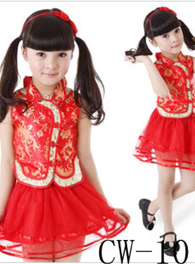 2025儿童唐装女童旗袍夏装少儿公主裙红色碎花图中国风舞台演出服