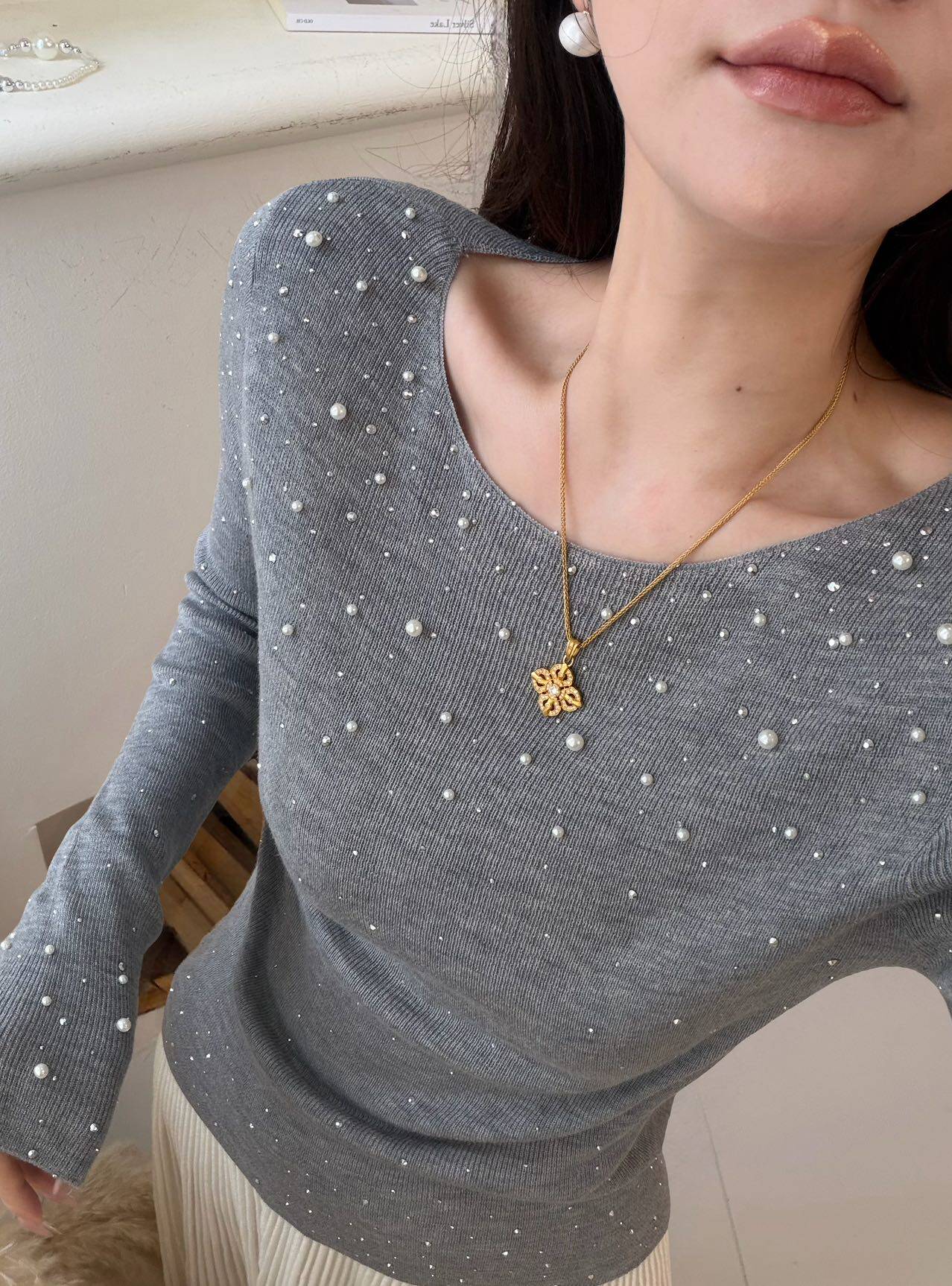 满天星多色~Bling闪闪一字肩超细羊毛烫水钻带珍珠内搭打底毛衣女