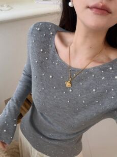 满天星多色~Bling闪闪一字肩超细羊毛烫水钻带珍珠内搭打底毛衣女