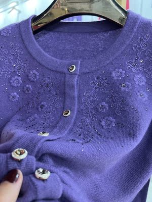 100纯羊毛秋冬中老年人高贵风保暖宽松大码开衫妈妈奶奶外套毛女