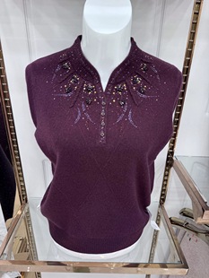 中老年人奶奶重工镶钻立领100%纯羊毛衫女妈妈冬装加厚毛衣打底衫