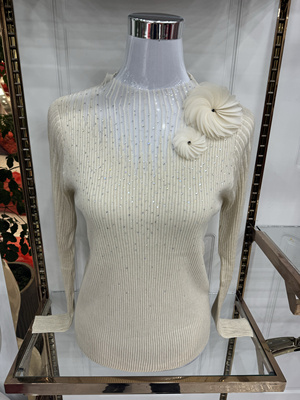 专柜 正版 100%美丽诺 时尚镶钻设计花朵女士针织衫H87M01Q28034