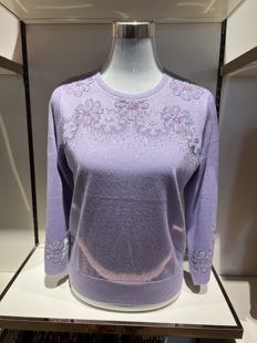 专柜七分袖短上衣镂空勾花套头衫V领低领春季新款冰丝针织衫