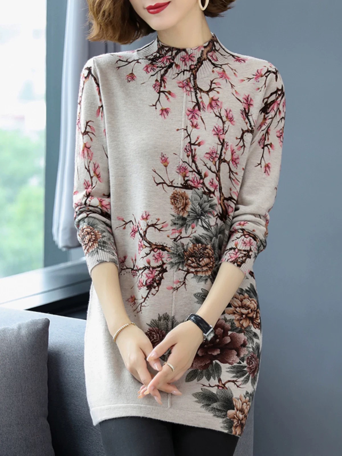 中年妈妈秋冬中长款100纯羊毛衫女中老年秋装洋气打底毛衣连衣裙