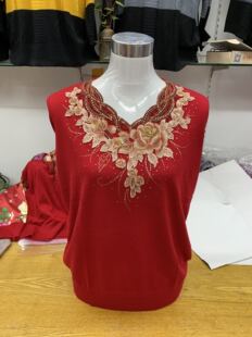 专柜款高端V领24春女羊毛打底短款套头毛衣绣花重工婚礼针织衫